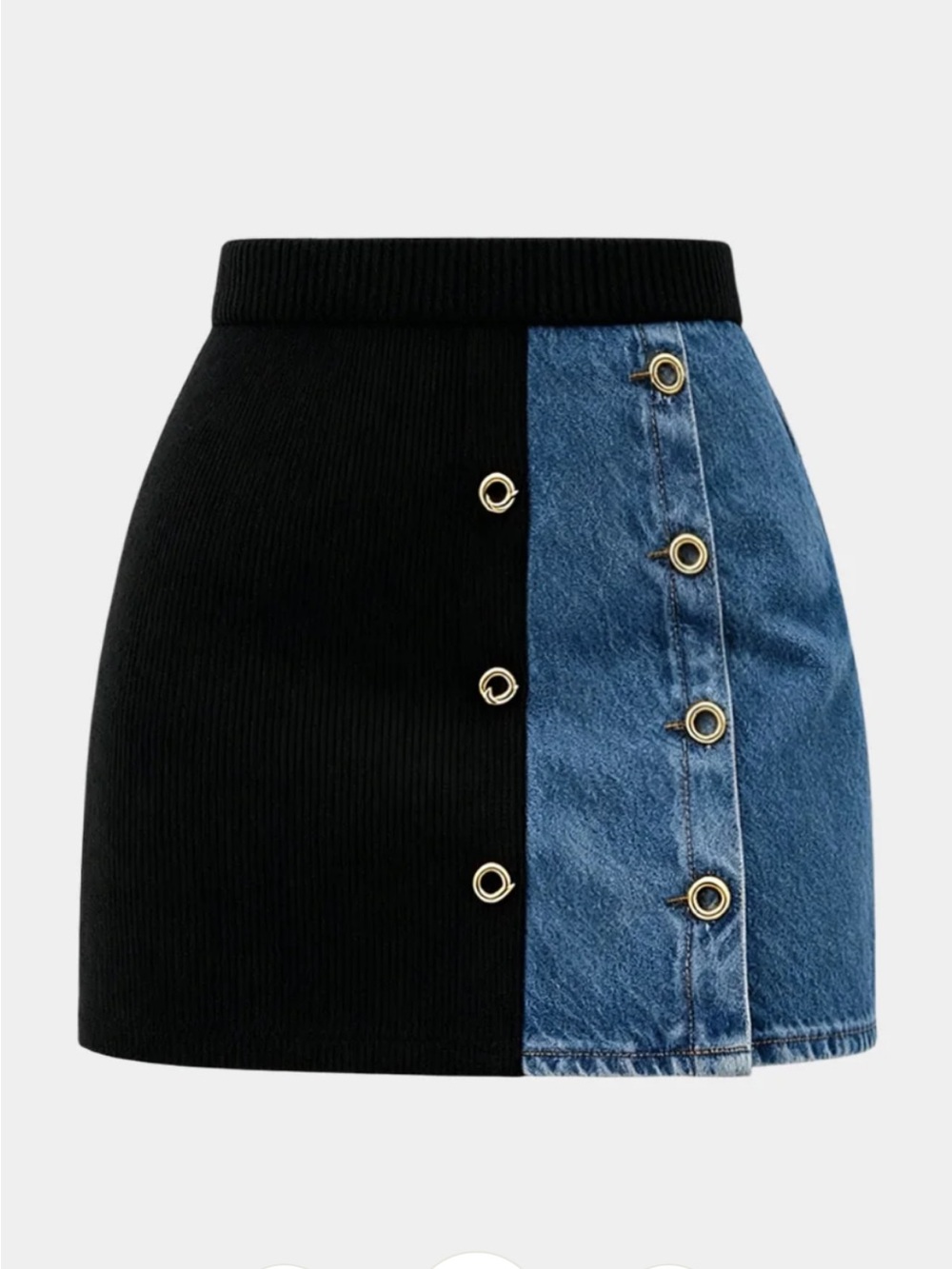 Micas Knit Denim Patchwork Metallic Eyelet Mini Skirt